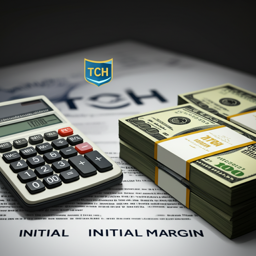 ภาพประกอบเครื่องคิดเลข พร้อมเงินกอง มีเอกสารระบุ 'Initial Margin' และโลโก้ TCH แสดงความปลอดภัยทางการเงิน