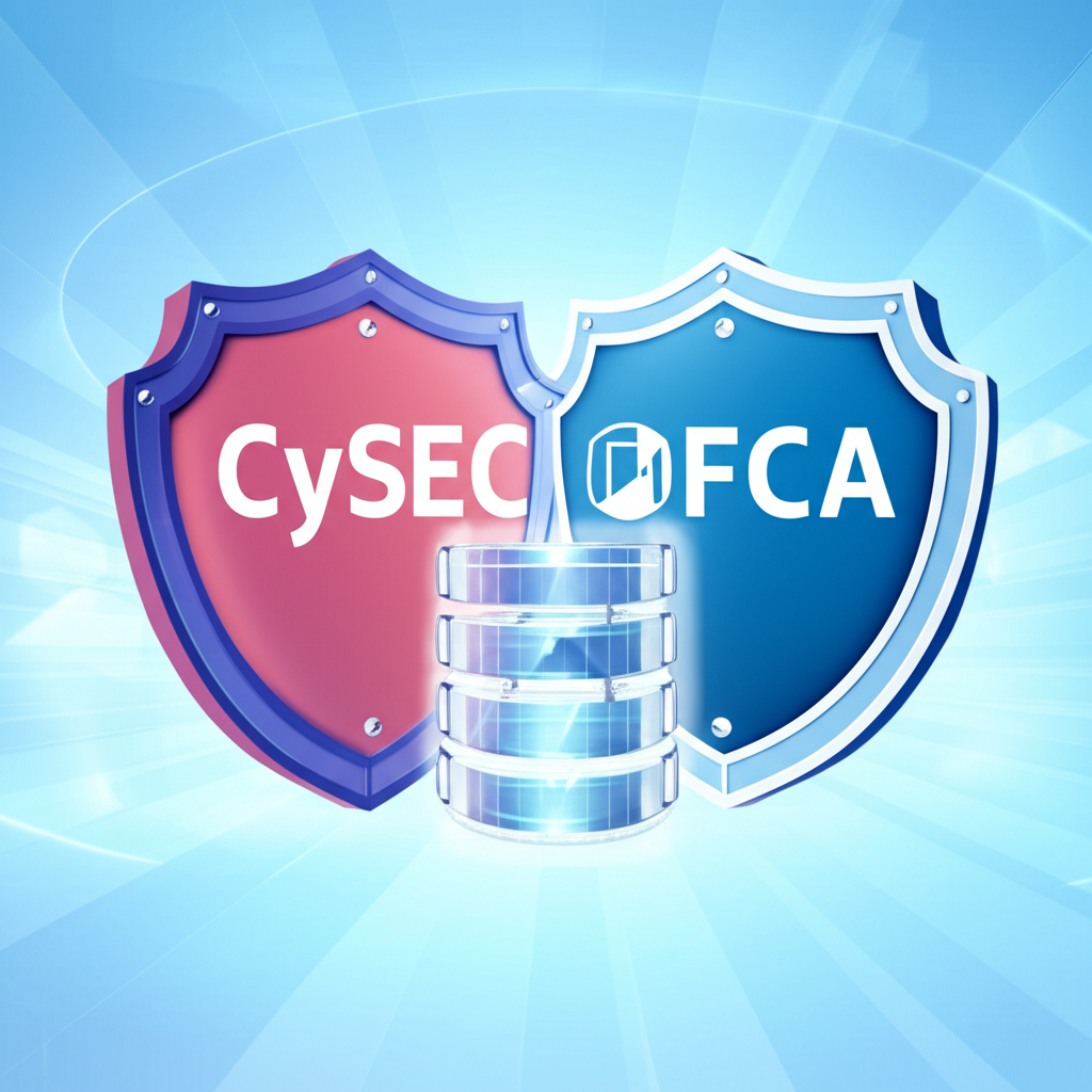 ภาพศิลป์ของโล่กำกับดูแลระดับโลกอย่าง CySEC และ FCA ที่ปกป้องระบบทรัพย์สินของ Exness