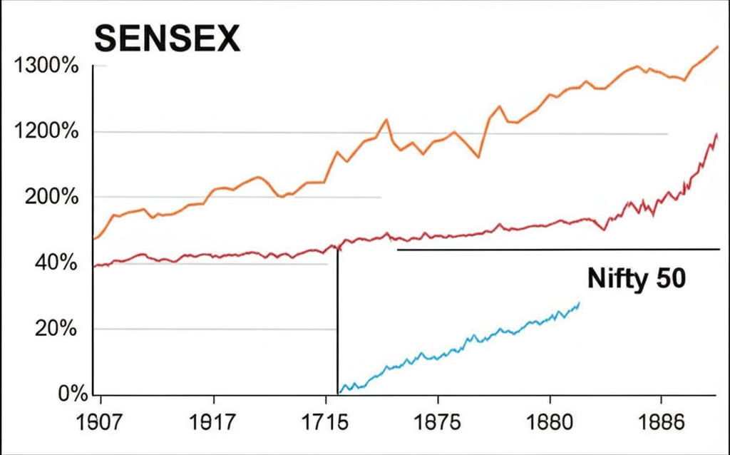 กราฟประวัติศาสตร์ของ Sensex ที่แสดงการเติบโตในแนวโน้มขาขึ้นพร้อมความผันผวน และมีกราฟ Nifty 50 ขนาดเล็กอยู่ข้าง ๆ