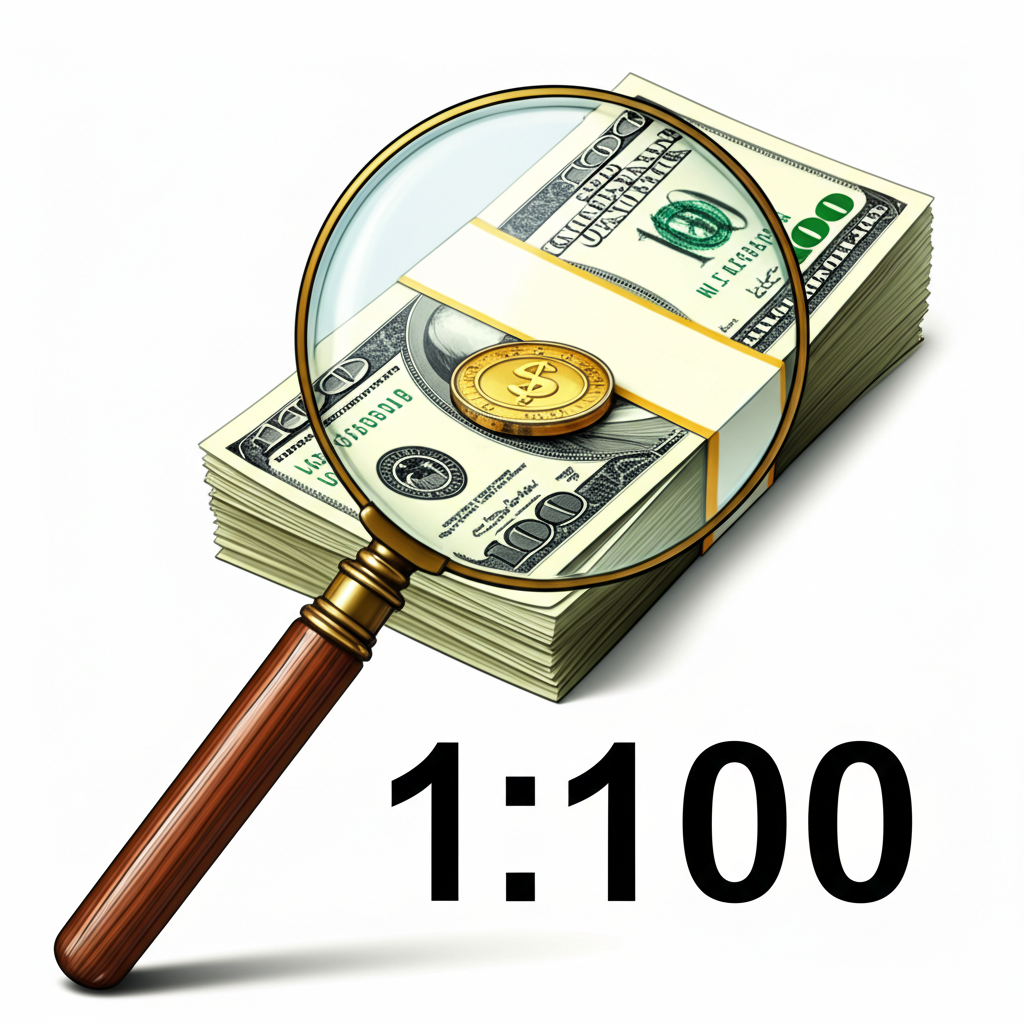 ภาพประกอบแสดงอัตราส่วนเลเวอเรจ 1:100 ด้วยการขยายเหรียญเล็กๆ ให้กลายเป็นกองเงินจำนวนมาก