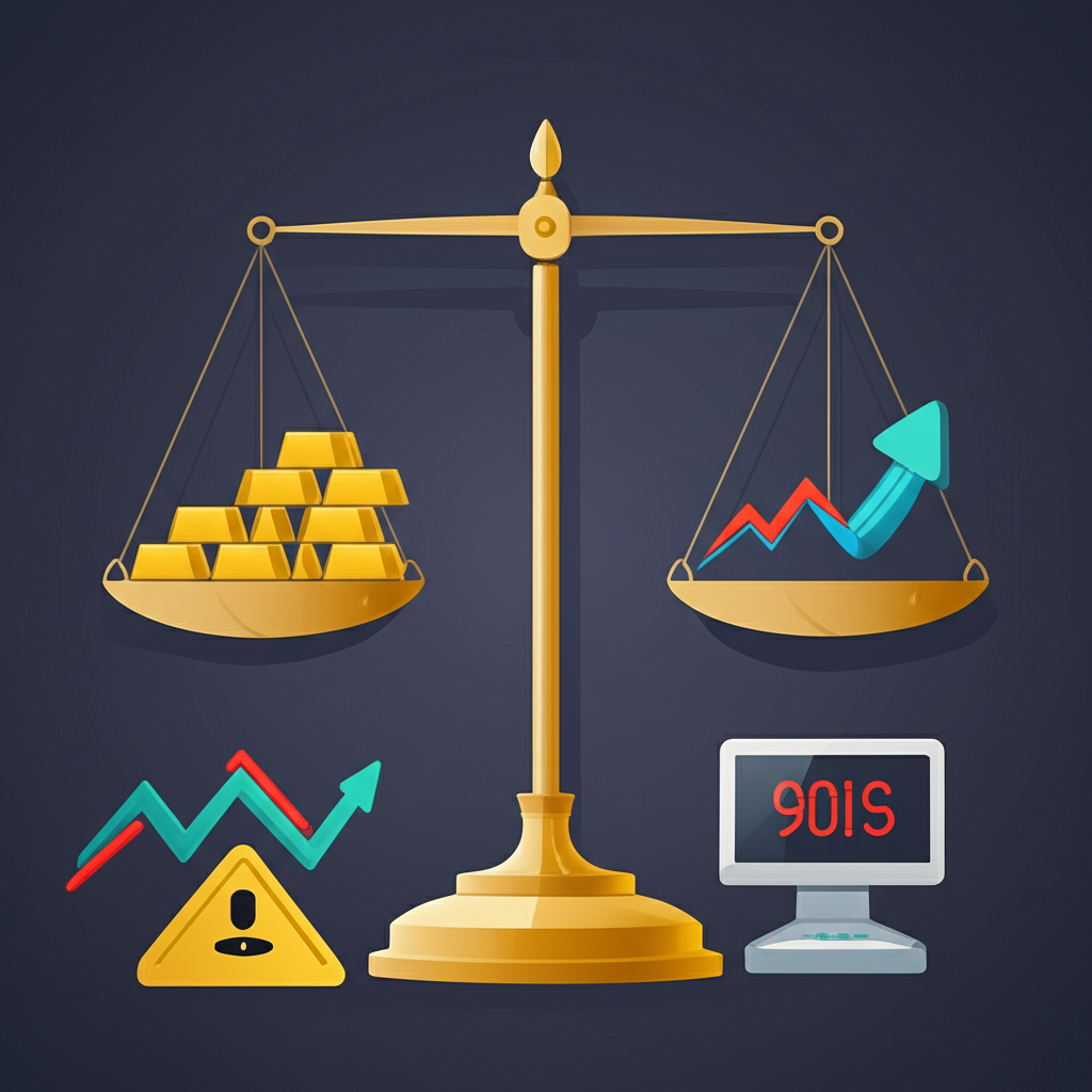Pros and cons of online gold savings, digital scales, risk and reward, illustration