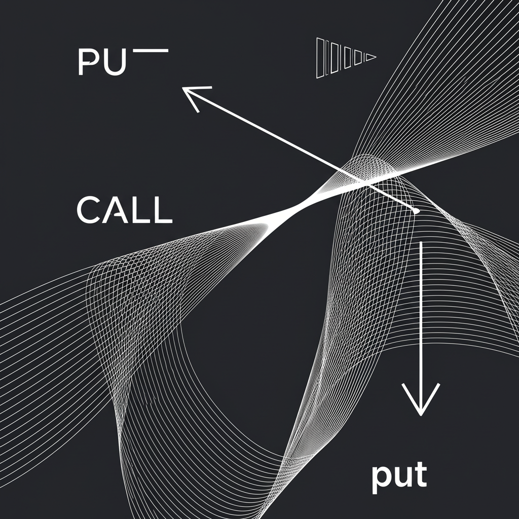 illustration of abstract financial contracts, 'Call' and 'Put' symbols, with upward and downward arrows