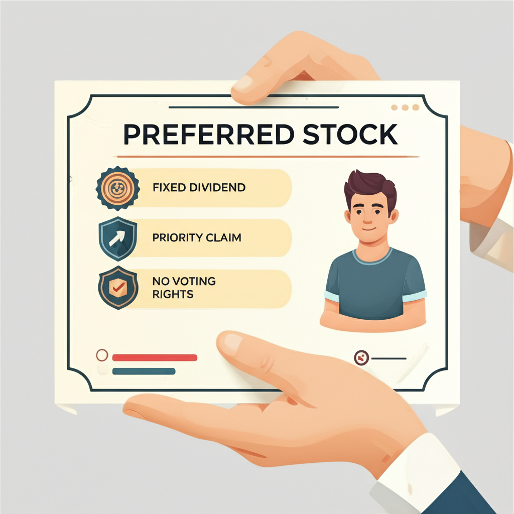 Illustration: Investor with preferred stock, showing stable fixed dividends, claim priority, no voting rights.